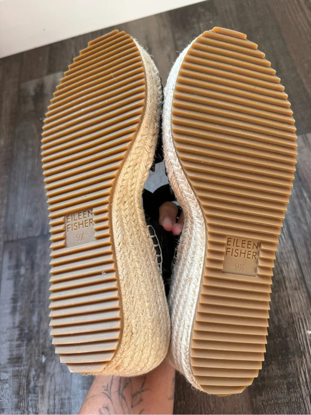 Eileen Fisher Black Suede Layered Espadrille Wedge Sandals
